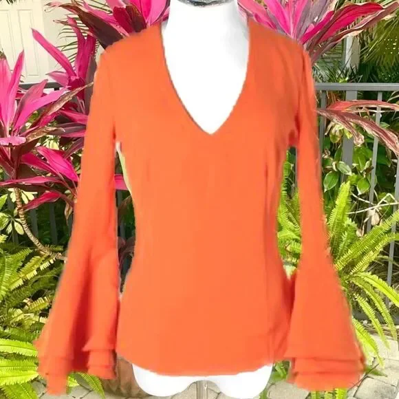 Bebe Orange Tiered Bell Sleeve Blouse - Picture 2 of 8
